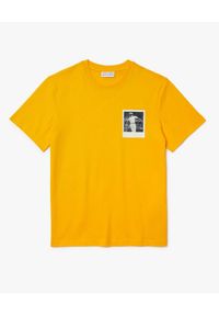 Lacoste - LACOSTE - Żółty t-shirt z termoczułym nadrukiem Regular Fit. Kolor: żółty. Materiał: jeans, jersey, bawełna, prążkowany. Wzór: nadruk #6
