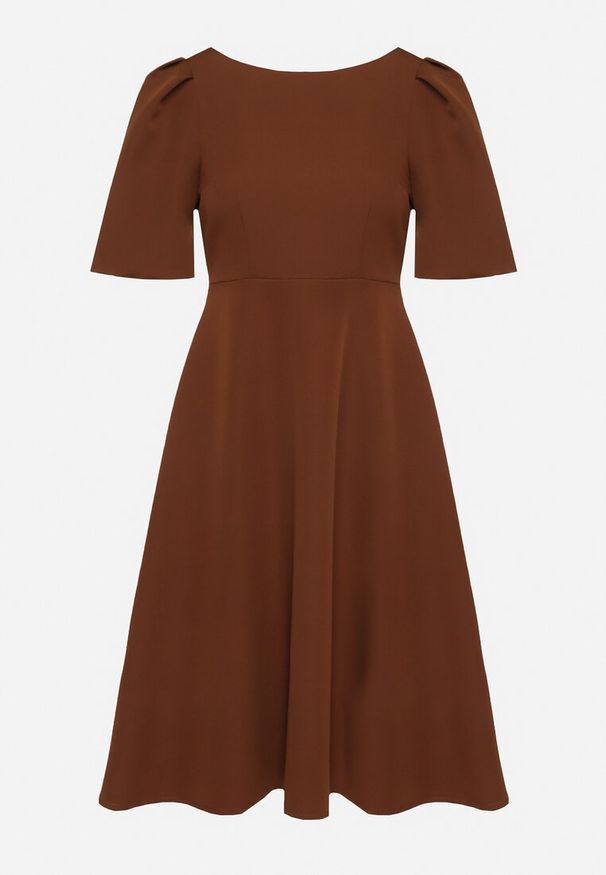 Born2be - Brązowa Sukienka o Rozkloszowanym Kroju z Bufiastymi Rękawami Melisseia. Kolor: brązowy. Styl: klasyczny