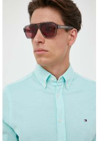 TOMMY HILFIGER - Tommy Hilfiger koszula bawełniana męska kolor turkusowy slim z kołnierzykiem button-down. Typ kołnierza: button down. Kolor: turkusowy. Materiał: bawełna. Wzór: aplikacja #2