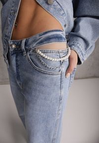 Renee - Niebieskie Jeansy Szerokie z Bawełny High Waist Ozdobione Perełkami i Wycięciami Nenelsea. Okazja: na co dzień. Stan: podwyższony. Kolor: niebieski. Wzór: aplikacja. Styl: casual #3