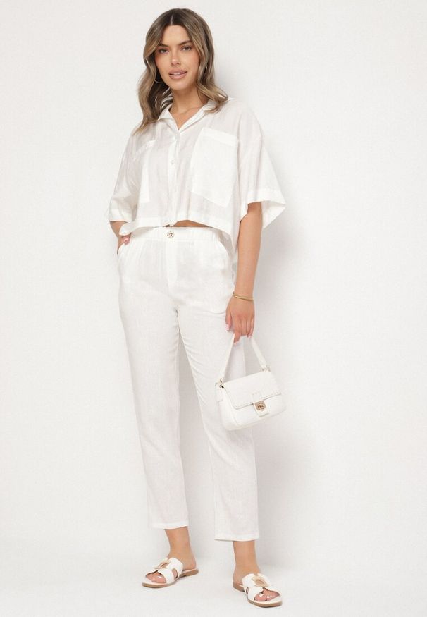 Born2be - Białe Spodnie z Lnem o Klasycznym Kroju z Gumką w Talii Filarse. Okazja: na co dzień. Kolor: biały. Materiał: len. Sezon: wiosna, lato. Styl: klasyczny