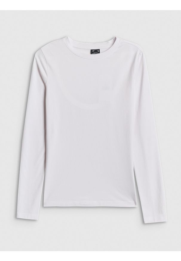 4f - 4F Longsleeve slim gładki damski - biały M. Okazja: na co dzień. Kolor: biały. Materiał: dzianina, elastan, bawełna. Długość rękawa: długi rękaw. Wzór: gładki. Styl: casual, klasyczny