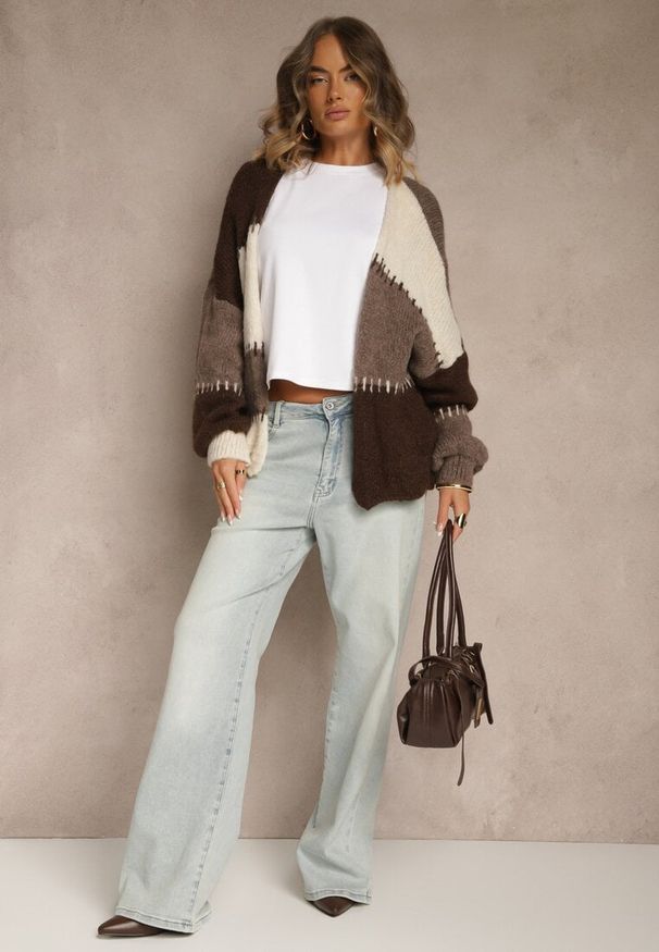 Renee - Beżowy Kardigan z Domieszką Wełny i Wiskozy w Patchworkowym Stylu Fesolinne. Okazja: na spacer. Kolor: beżowy. Materiał: wełna, wiskoza