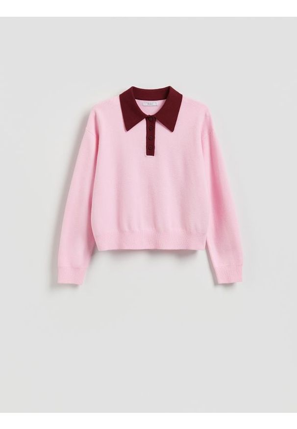 Reserved - Sweter polo z wiskozą - różowy. Typ kołnierza: polo. Kolor: różowy. Materiał: wiskoza