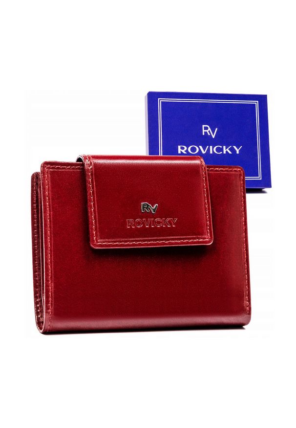 ROVICKY - Portfel skórzany Rovicky RV-70613-9-BCA czerwony. Kolor: czerwony. Materiał: skóra. Wzór: napisy, aplikacja, gładki