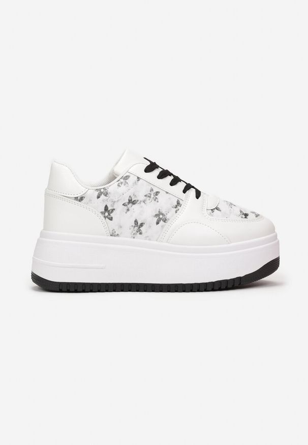 Born2be - Biało-Czarne Sneakersy na Platformie Zdobione Printem Kwiaty Alilena. Kolor: biały. Materiał: jeans. Wzór: aplikacja, kwiaty, nadruk. Obcas: na platformie