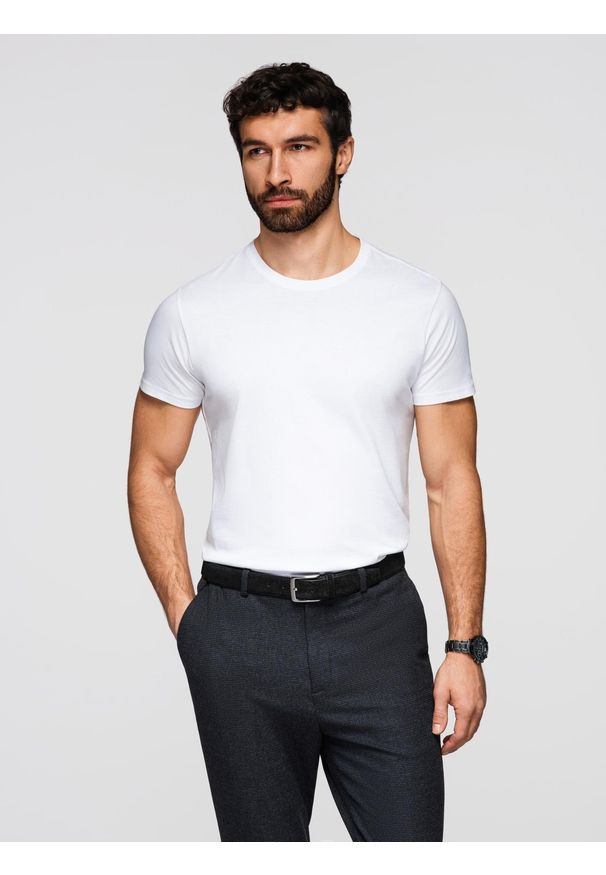 Ombre Clothing - Męski klasyczny bawełniany T-shirt BASIC - biały V4 - Rozmiar: M. Okazja: na co dzień. Kolor: biały. Materiał: bawełna. Styl: klasyczny