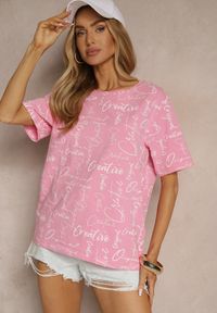 Renee - Różowy Bawełniany T-shirt o Kroju Oversize z Ozdobnym Nadrukiem Aveneli. Okazja: na co dzień. Kolor: różowy. Materiał: bawełna. Wzór: nadruk. Styl: elegancki, casual #4