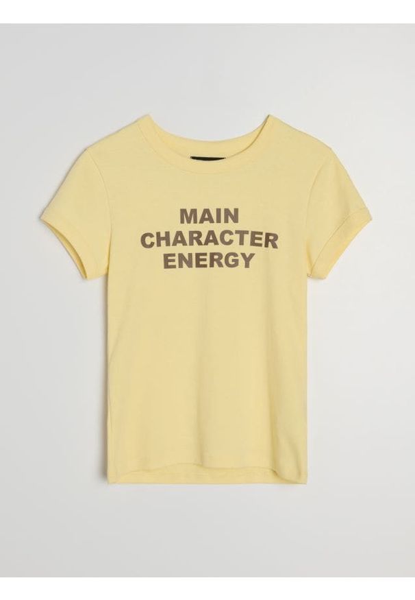 Sinsay - Bawełniana koszulka z napisem - yellow jeans. Materiał: bawełna, jeans. Wzór: napisy