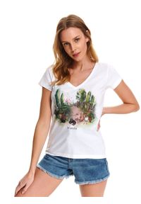 DRYWASH - T-shirt damski z nadurkiem ilustracji. Typ kołnierza: dekolt w serek. Kolor: biały. Materiał: bawełna. Długość rękawa: krótki rękaw. Długość: krótkie. Wzór: nadruk, gładki, aplikacja. Sezon: lato. Styl: klasyczny #1