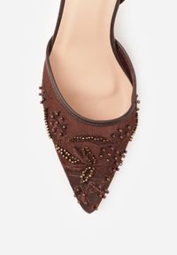 Born2be - Brązowe Czółenka Siateczkowe na Szpilce Ozdobione Perełkami i Haftami Vilania. Okazja: na co dzień. Zapięcie: pasek. Kolor: brązowy. Materiał: satyna. Wzór: haft, aplikacja. Obcas: na szpilce. Styl: casual, klasyczny, elegancki #4