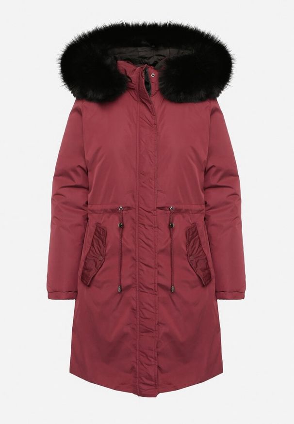 Born2be - Bordowa Dwustronna Kurtka za Kolano z Kapturem z Futerkiem Zephyro. Typ kołnierza: kaptur. Kolor: czerwony. Materiał: futro. Długość: długie. Wzór: aplikacja, gładki