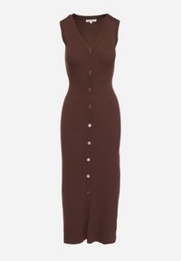 Born2be - Brązowa Wiskozowa Sukienka o Taliowanym Kroju Bez Rękawów Zdobiona Guzikami Esinea. Okazja: na co dzień. Typ kołnierza: dekolt w serek. Kolor: brązowy. Materiał: wiskoza. Długość rękawa: bez rękawów. Wzór: aplikacja. Styl: casual #2