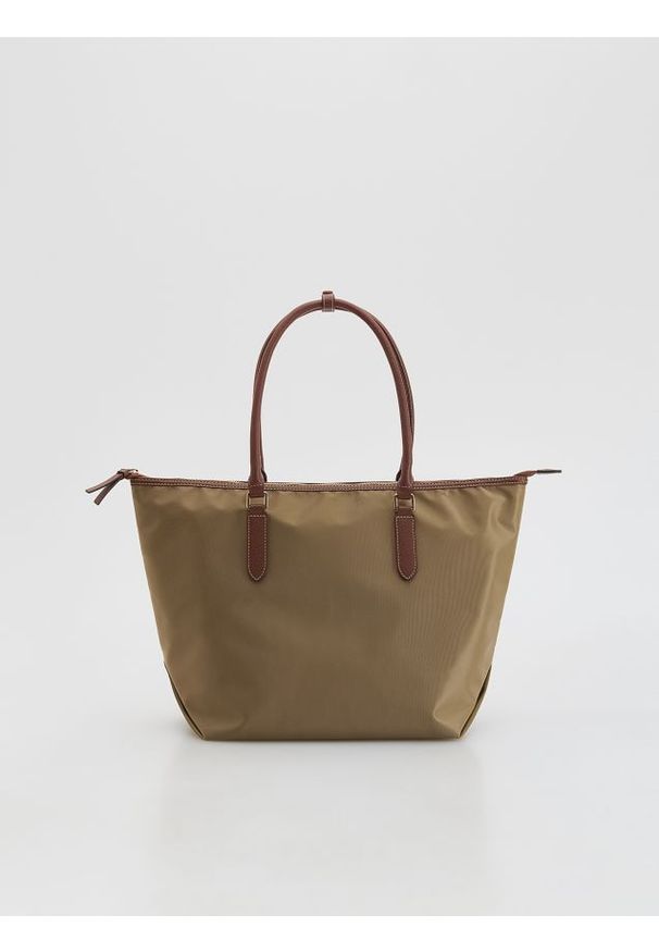 Reserved - Tkaninowa torebka shopper - beżowy. Kolor: beżowy. Wzór: gładki