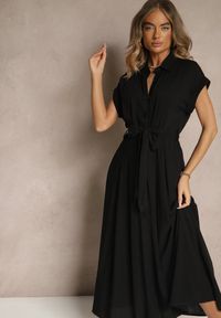 Renee - Czarna Koszulowa Sukienka z Wiskozy z Paskiem Rinaira. Okazja: na co dzień, na imprezę, na spacer. Kolor: czarny. Materiał: wiskoza. Typ sukienki: koszulowe. Styl: elegancki, casual #4