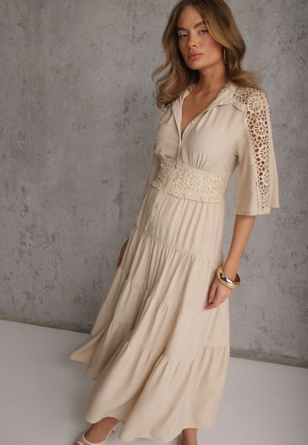 Renee - Beżowa Boho Sukienka z Wiskozą o Rozkloszowanym Kroju z Ażurowymi Wstawkami Idacea. Okazja: na co dzień. Kolor: beżowy. Materiał: wiskoza. Wzór: ażurowy. Typ sukienki: proste. Styl: boho