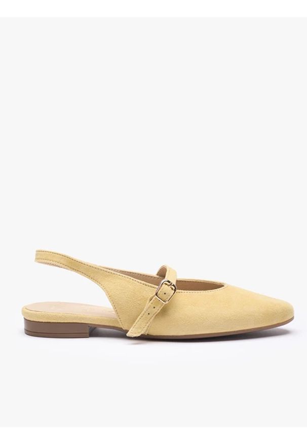 Ryłko - Jasnożółte czółenka slingback bez pięty ze skóry welurowej. Okazja: na co dzień. Nosek buta: okrągły. Zapięcie: sprzączka. Kolor: żółty. Materiał: skóra, welur. Szerokość cholewki: normalna. Styl: casual, street