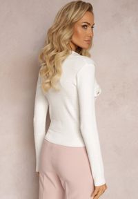 Renee - Biały Kardigan na Guziki z Trójkątnym Dekoltem Emlina. Kolor: biały. Materiał: tkanina. Wzór: aplikacja #5