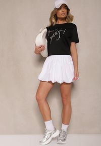 Renee - Czarny T-shirt Zdobiony Napisem z Brokatem Tezilea. Okazja: na spacer. Kolor: czarny. Materiał: jeans. Wzór: napisy, aplikacja #5