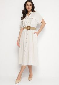 Born2be - Beżowa Koszulowa Sukienka z Lnu i Wiskozy z Elastycznym Paskiem z Klamrą Elanithea. Okazja: na co dzień. Typ kołnierza: kołnierzyk klasyczny. Kolor: beżowy. Materiał: len, wiskoza. Długość rękawa: krótki rękaw. Typ sukienki: koszulowe. Styl: klasyczny, casual, elegancki #1
