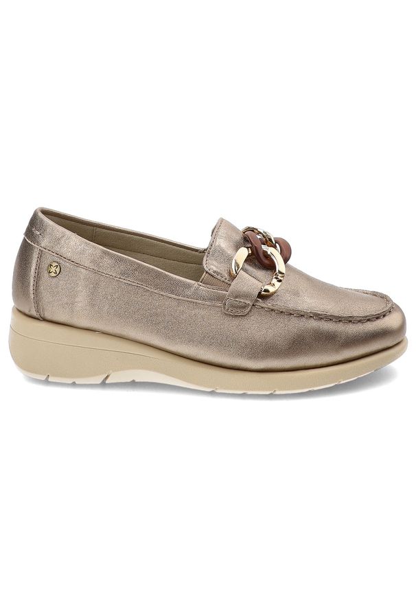 Złote Półbuty Maciejka Eleganckie Mokasyny Damskie. Okazja: na co dzień. Kolor: złoty. Materiał: skóra. Wzór: aplikacja. Styl: elegancki