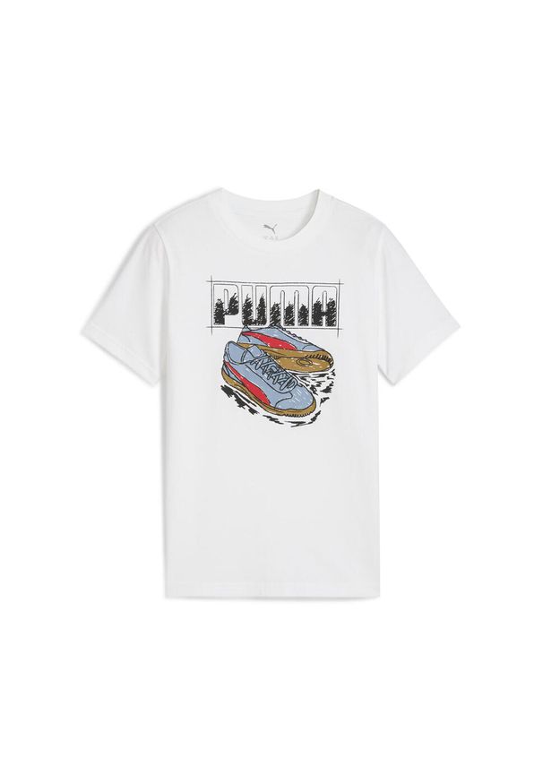Puma - Młodzieżowa koszulka z grafiką sneakersów PUMA White. Kolor: biały. Sport: joga i pilates