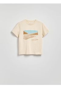 Reserved - Bawełniany T-shirt z haftem - beżowy. Kolor: beżowy. Materiał: bawełna. Wzór: haft