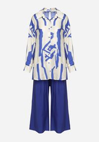 Born2be - Niebiesko-Biały Wiskozowy Komplet Koszula z Dłuższym Tyłem Spodnie z Gumką w Talii Kolefia. Kolor: niebieski. Materiał: wiskoza #9