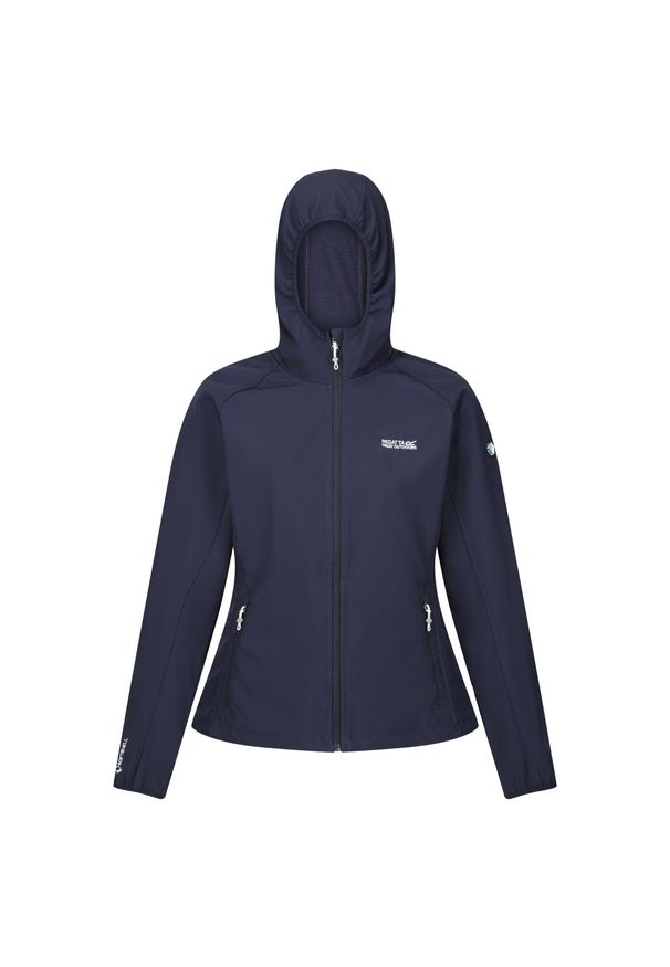 Softshell turystyczny damski Regatta Arec III z kapturem. Typ kołnierza: kaptur. Kolor: niebieski. Materiał: softshell. Sport: turystyka piesza