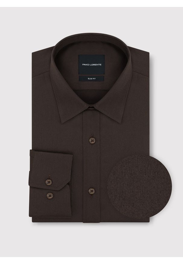 Pako Lorente - PAKO LORENTE – Brązowa koszula męska. Kolor: brązowy. Materiał: bawełna, elastan. Długość rękawa: długi rękaw. Długość: długie