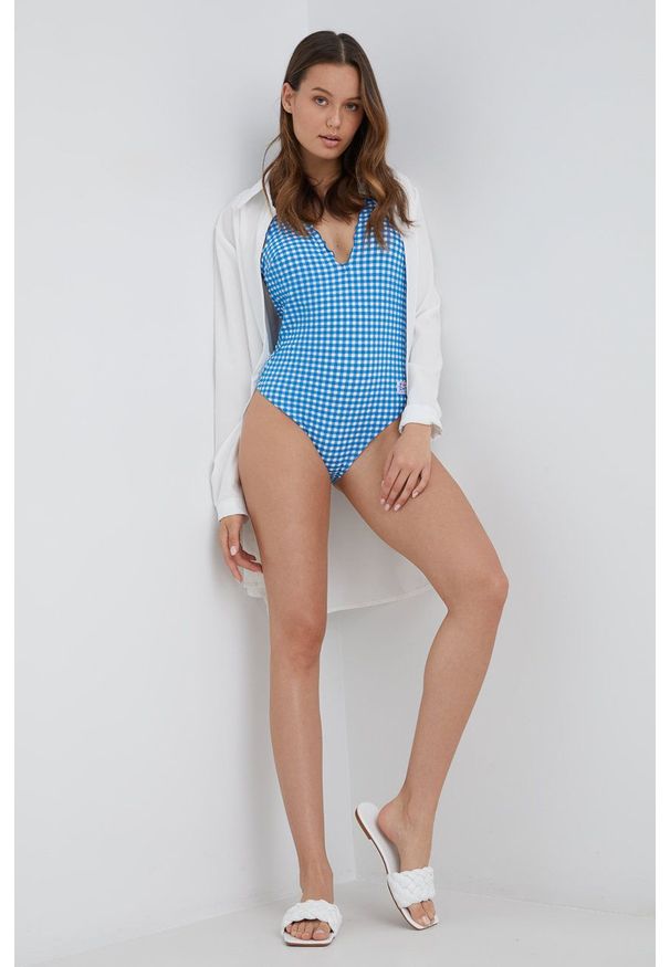TOMMY HILFIGER - Tommy Hilfiger jednoczęściowy strój kąpielowy lekko usztywniona miseczka. Kolor: niebieski. Materiał: dzianina, materiał, włókno