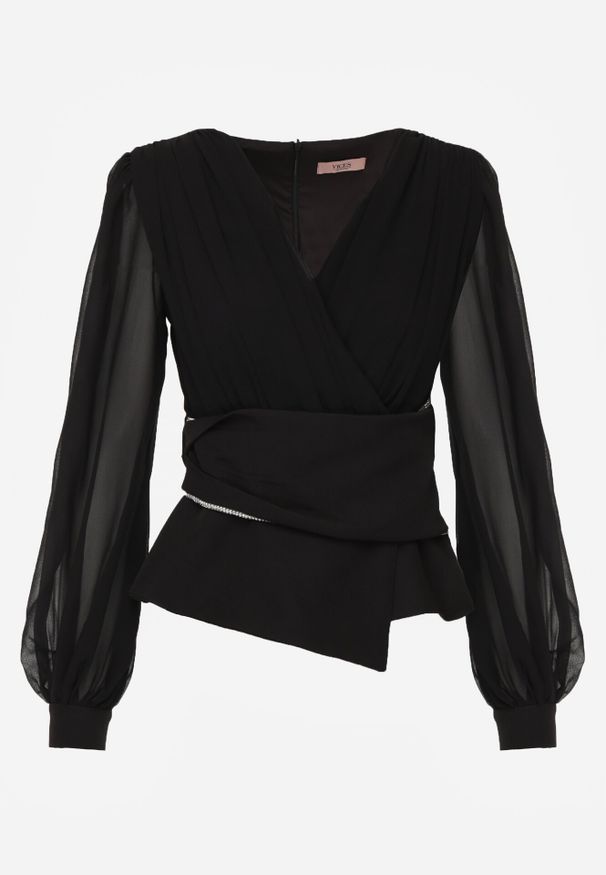 Born2be - Czarna Bluzka Kopertowa VICES z Dekoltem V Bufiastymi Rękawkami i Zaakcentowanymi Ramionami Tine. Okazja: na komunię, na co dzień. Typ kołnierza: dekolt w kształcie V. Kolor: czarny. Materiał: jeans. Długość rękawa: krótki rękaw. Styl: casual, elegancki