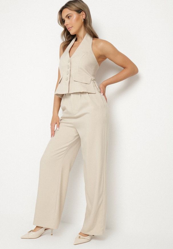 Born2be - Beżowy Komplet Garniturowy Kamizelka na Szyję i Szerokie Spodnie Darelna. Kolor: beżowy. Materiał: materiał