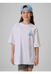 4f - 4F T-shirt loose z nadrukiem dziewczęcy - biały 158/164 (12-14 lat). Okazja: na co dzień. Kolor: biały. Materiał: materiał, bawełna, dresówka, dzianina, skóra. Wzór: nadruk. Sezon: lato. Styl: klasyczny, casual #1