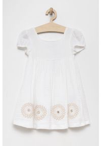 Desigual sukienka bawełniana dziecięca 22SGVW08 kolor biały mini rozkloszowana. Kolor: biały. Materiał: bawełna. Długość rękawa: krótki rękaw. Wzór: haft. Typ sukienki: rozkloszowane. Długość: mini #2