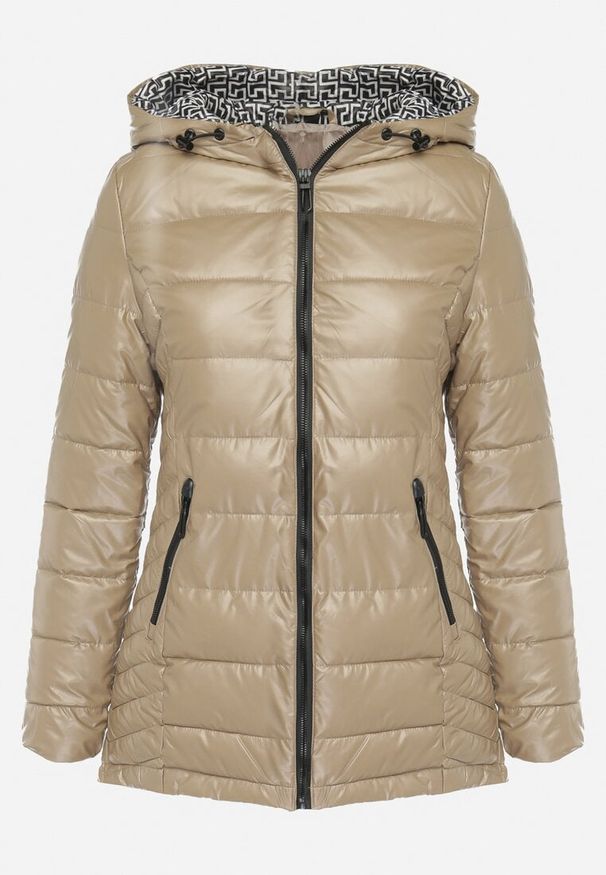 Born2be - Ciemnobeżowa Pikowana Kurtka o Metalicznym Poblasku z Kapturem Miretal. Typ kołnierza: kaptur. Kolor: beżowy. Styl: sportowy