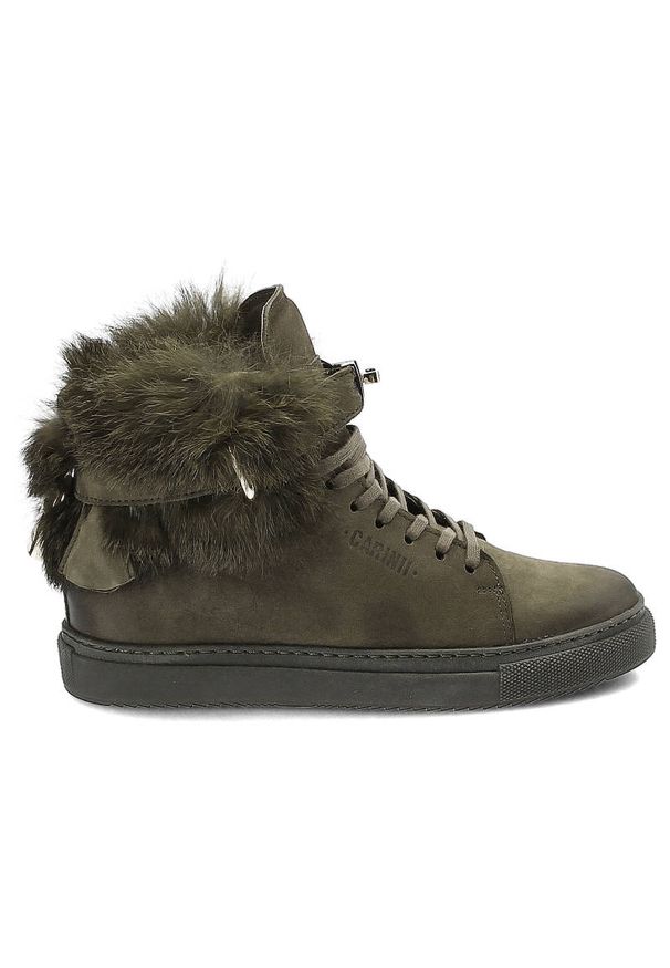 Sneakersy damskie Carinii, sznurowane i na płaskim obcasie, zielone, B3770_F_I43-000-PSK-B67. Zapięcie: klamry. Kolor: zielony. Materiał: zamsz, futro, guma. Szerokość cholewki: normalna. Wzór: aplikacja. Obcas: na obcasie. Styl: elegancki. Wysokość obcasa: niski