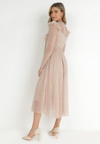 Born2be - Beżowa Sukienka z Koronką i Tiulem Nemila. Okazja: na co dzień. Typ kołnierza: dekolt w łódkę. Kolor: beżowy. Materiał: tiul, koronka. Wzór: koronka. Typ sukienki: proste. Styl: casual #5