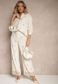 Renee - Biało-Beżowa Koszula Boho z Wiskozy i Lnu z Ozdobnym Hafem Arliena. Okazja: na co dzień. Typ kołnierza: dekolt w serek. Kolor: biały. Materiał: len, wiskoza. Wzór: haft. Styl: boho #4