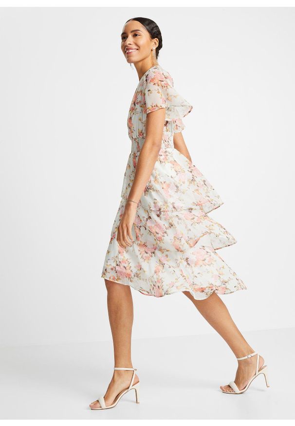 bonprix - Sukienka midi z falbanami. Typ kołnierza: dekolt w serek. Kolor: biały. Wzór: kwiaty. Długość: midi