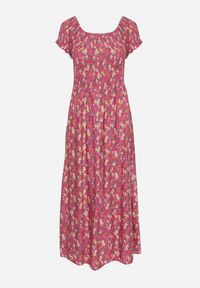 Born2be - Ciemnoróżowa Wiskozowa Sukienka Typu Hiszpanka z Gumką w Pasie w Drobne Kwiaty Luadia. Okazja: na co dzień. Typ kołnierza: dekolt hiszpanka. Kolor: różowy. Materiał: wiskoza. Długość rękawa: krótki rękaw. Wzór: kwiaty. Styl: casual #2