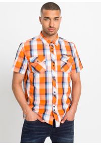 Koszula z krótkim rękawem Slim Fit bonprix pomarańczowy w kratę. Kolor: pomarańczowy. Długość rękawa: krótki rękaw. Długość: krótkie. Wzór: nadruk #5