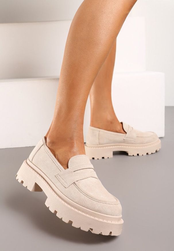 Born2be - Beżowe Casualowe Mokasyny Vices na Grubej Podeszwie Viara. Okazja: na co dzień. Kolor: beżowy. Materiał: jeans. Styl: casual