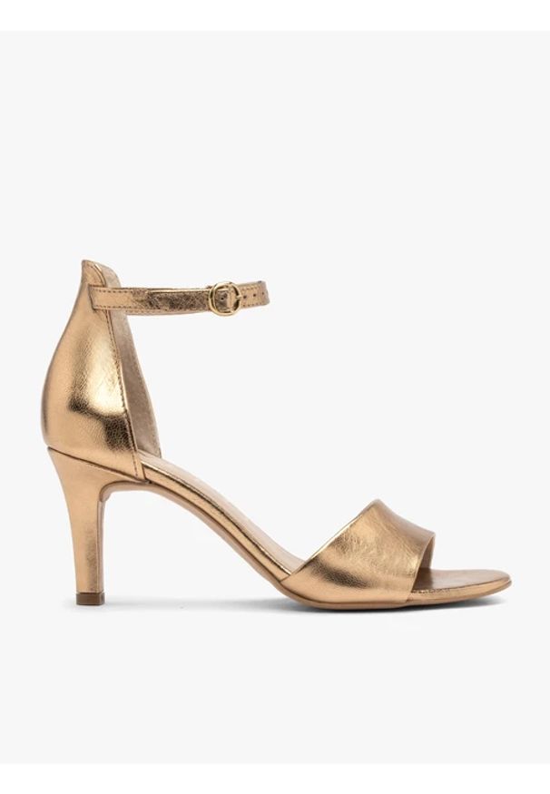 Ryłko - Złote sandały na szpilce. Kolor: złoty. Materiał: skóra. Obcas: na szpilce. Styl: street. Wysokość obcasa: średni