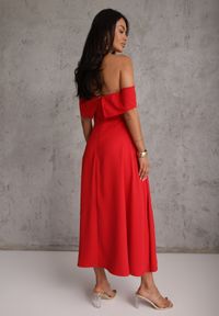 Renee - Czerwona Rozkloszowana Sukienka Koktajlowa VICES z Hiszpańskim Dekoltem Neamerianne. Okazja: na wesele, na ślub cywilny. Typ kołnierza: dekolt hiszpanka. Kolor: czerwony. Materiał: lakier, poliester. Typ sukienki: rozkloszowane. Styl: wizytowy #8