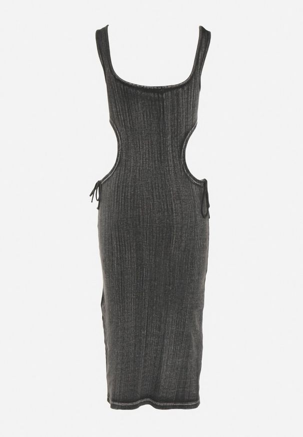 Born2be - Ciemnoszara Bawełniana Sukienka na Ramiączkach ze Ściągaczami i Wycięciami po Bokach Nestanina. Kolor: szary. Materiał: bawełna. Długość rękawa: na ramiączkach. Styl: elegancki