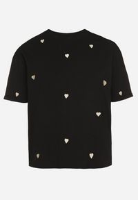 Born2be - Czarny Bawełniany T-shirt Zdobiony Haftem w Kształcie Serc Naloree. Okazja: na co dzień. Kolekcja: plus size. Kolor: czarny. Materiał: bawełna. Wzór: aplikacja, haft. Styl: klasyczny, elegancki, casual
