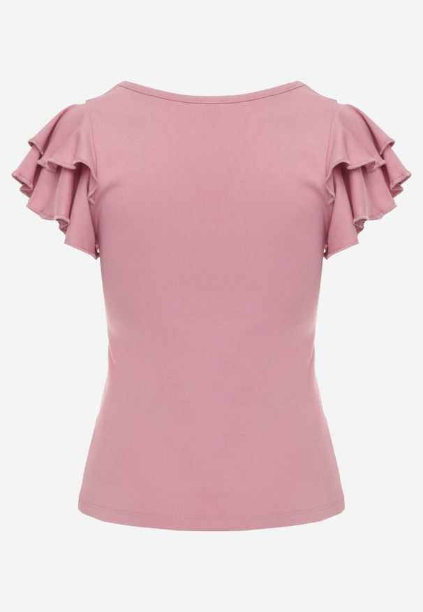 Renee - Różowa Gładka Bluzka z Bawełny z Rękawkami z Falbanek Nedaxera. Okazja: na co dzień, na randkę, na imprezę. Typ kołnierza: kołnierz z falbankami. Kolor: różowy. Materiał: bawełna. Długość rękawa: krótki rękaw. Wzór: gładki. Styl: casual