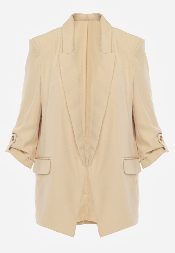 Renee - Beżowa Niezapinana Marynarka z Rękawami 3/4 i Kieszeniami na Klapy Farsana. Kolor: beżowy. Wzór: jednolity