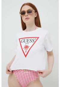 Guess t-shirt bawełniany kolor biały. Kolor: biały. Materiał: bawełna. Długość rękawa: krótki rękaw. Długość: krótkie. Wzór: nadruk
